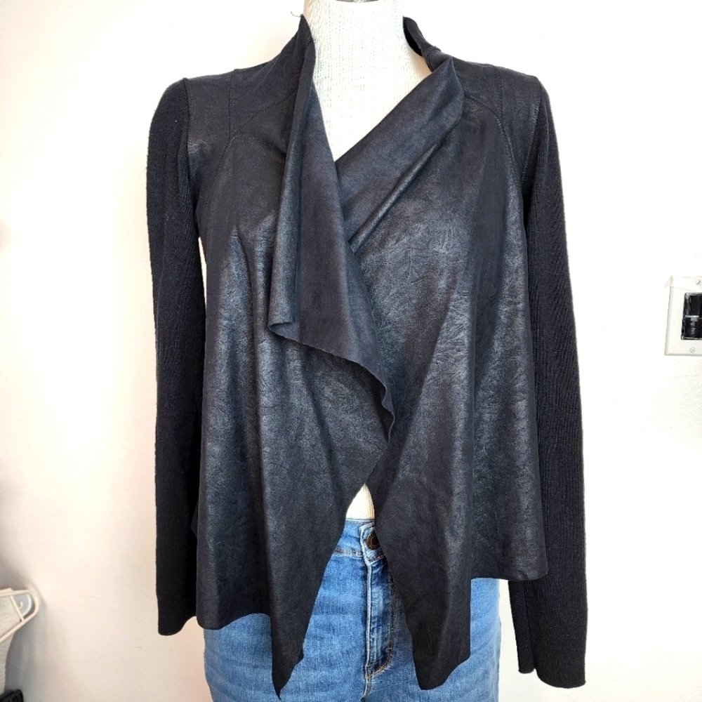 T TAHARI Mixed Media Open Front Draped Cascading Faux Leather Jacket Size S